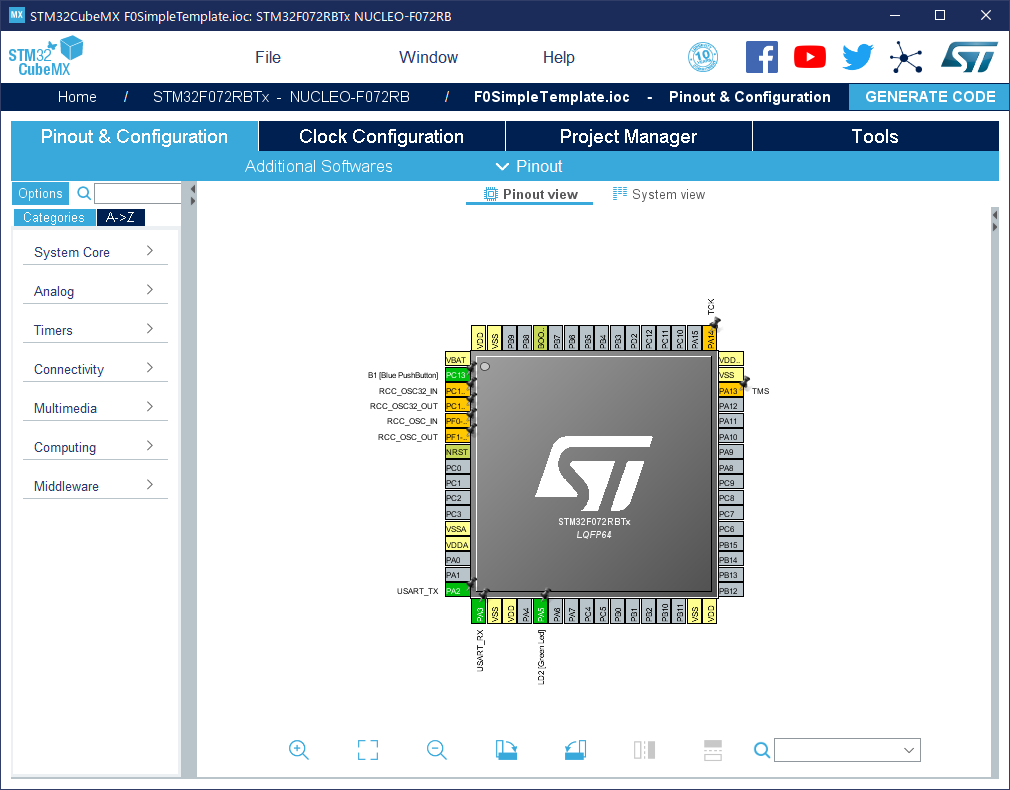 STM32F0シンプルテンプレートのプロジェクトを開いた画面