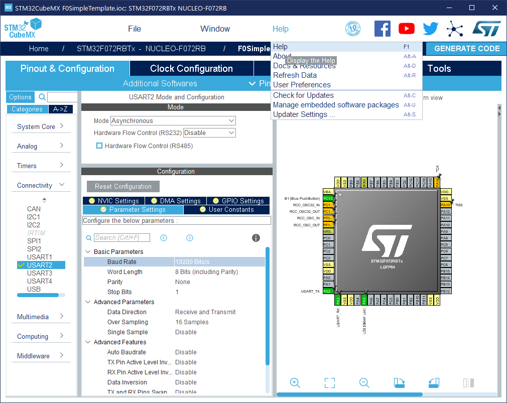 STM32F0シンプルテンプレートプロジェクトのUSART2マルチパネル画面