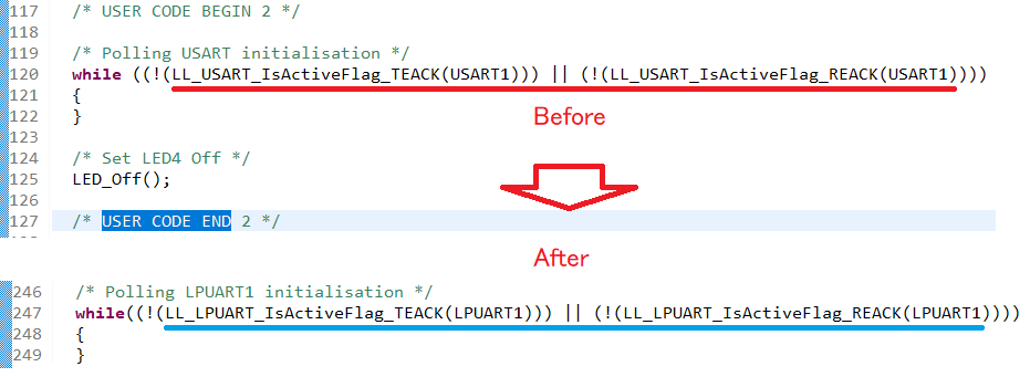 ユーザコードのUSART API（赤線）からLPUART API（青線）へ変更