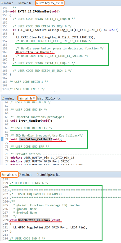 自動生成されたファイル名（橙色）とユーザ追記位置（緑色）とユーザ追記コード（赤色）