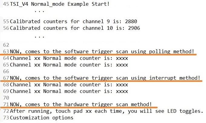 MCUXpresso SDKのTSIサンプルプロジェクト3方法の動作出力例