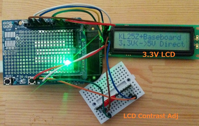 図6 プロトタイプシールド利用の3.3V MCU評価ボードと3.3V LCD接続例