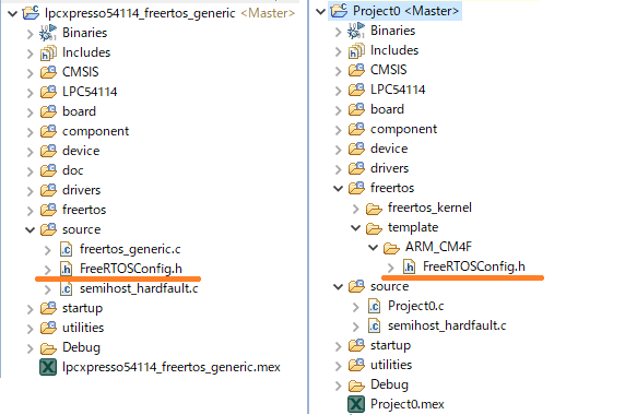 FreeRTOSサンプルプロジェクトと新規作成プロジェクトの構成差（FreeRTOSConfig.hの場所が異なる）