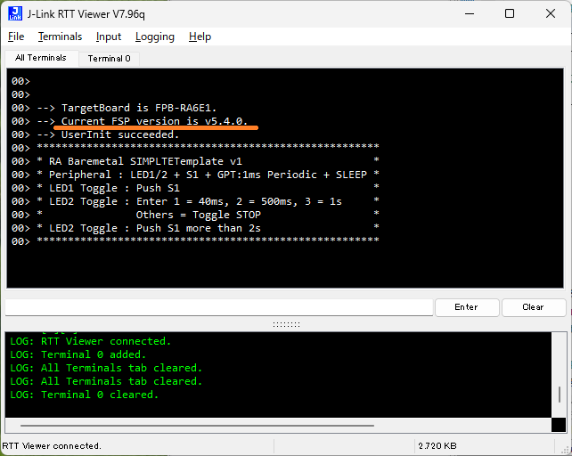 J-Link RTT Viewer V7.96qのFSPバージョン出力