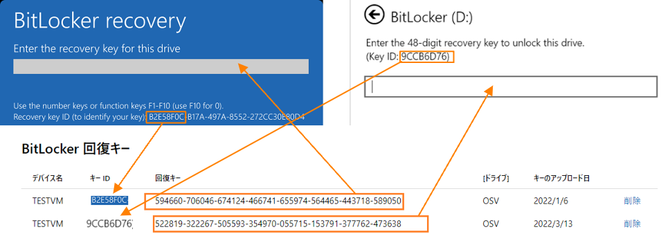 左：デバイス暗号化回復キーと右：ドライブ暗号化回復キー入力例