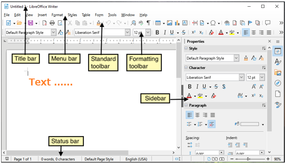 図1 LibreOffice Writerメインウィンドウ名称