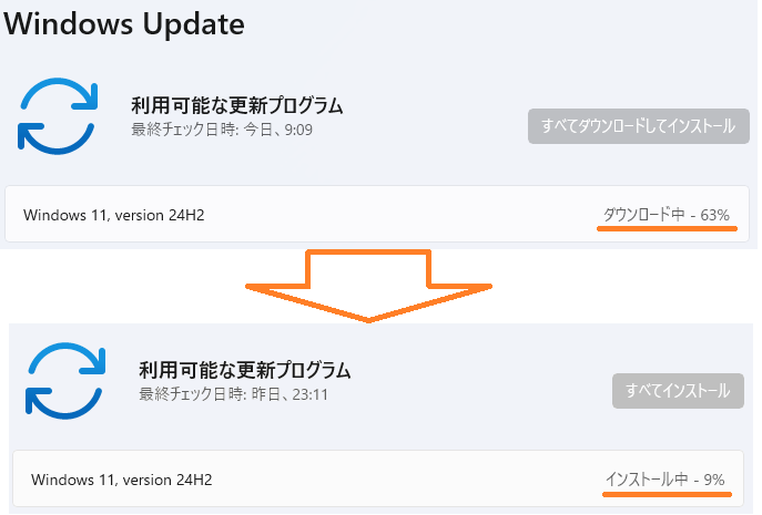 勝手に始まるWindows 11 24H2ダウンロードとインストール